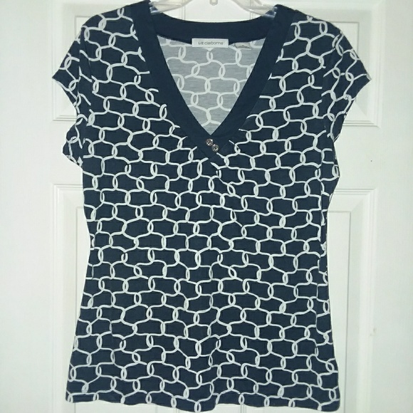 Liz Claiborne Navy&White V-Neck - Picture 1 of 8